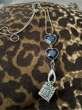 Double Heart Pendant Necklace with BlueFaceted Stones